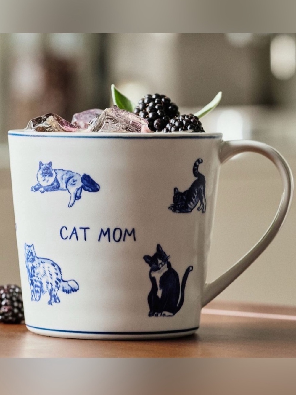 Anthropologie Cat Mom Mug - Blue and White Cat Illustrations